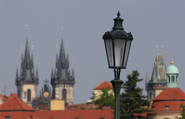 Lamp on the Charles Bridge with Tyn Church and Old Town Tower