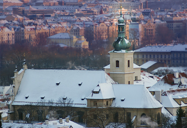 Prague Church of Our Lady Victorious covered by snow