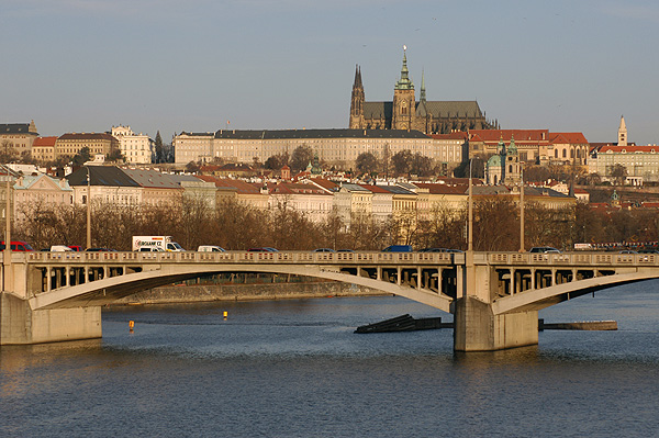 Winter sun and the cityscape of Prague Castle and the Lesser Town