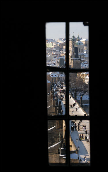 Picture of Charles Bridge and Lesser Town taken from Old Town Tower Bridge through window